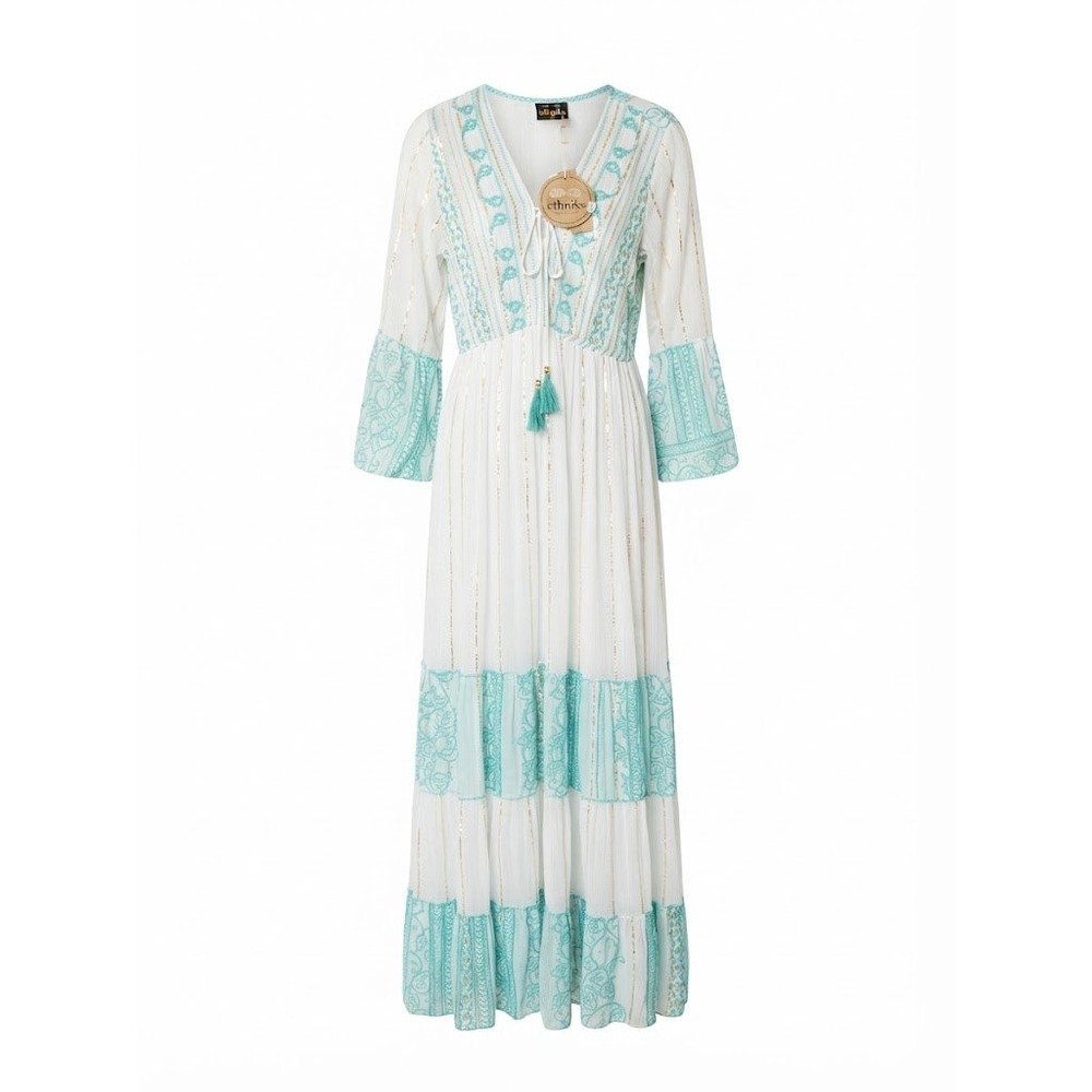Ethnix Maxi Dress Womens One Size White Teal Boho Ethnic Chic Gold Stripe Dress